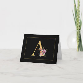 Elegant Gold Monogram A met roze bloemen Notitiekaartje