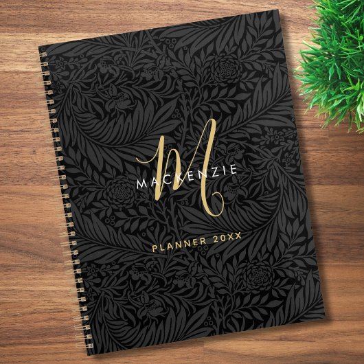 Elegant Gold Monogram Black Floral 2026 Planner