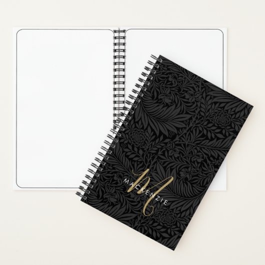 Elegant Gold Monogram Black Floral Pattern Notitieboek (Binnen)