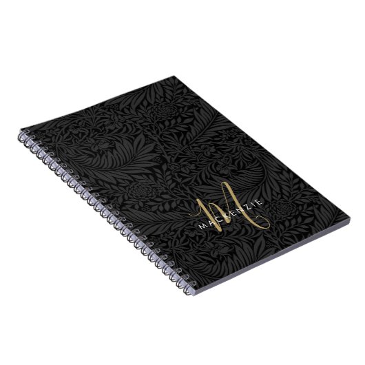 Elegant Gold Monogram Black Floral Pattern Notitieboek (Rechterzijde)