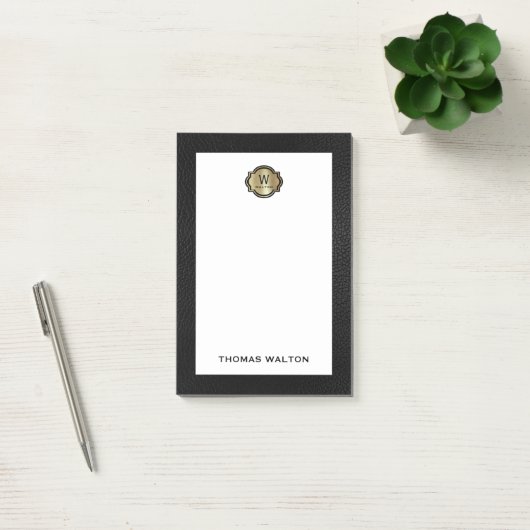 Elegant Gold Monogram Black Leather Look Post-it® Notes (Kantoor)