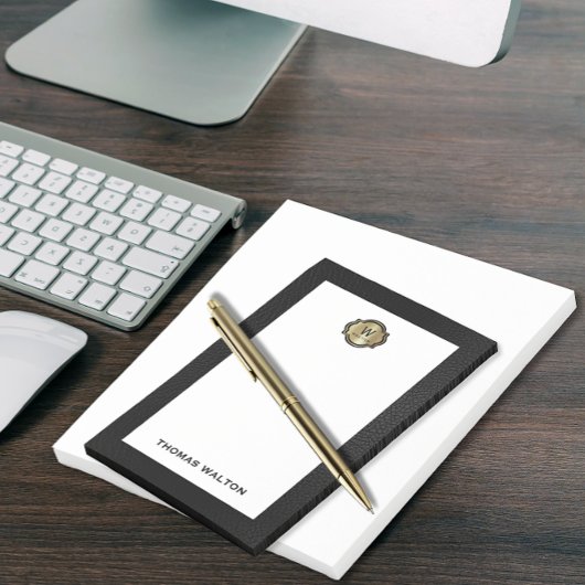 Elegant Gold Monogram Black Leather Look Post-it® Notes