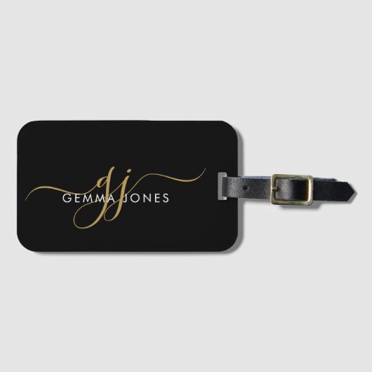 Elegant Gold Monogram Black Luggage Tag Bagagelabel (Voorkant (horizontaal))