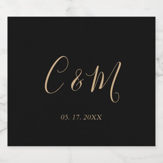 Elegant Gold Monogram Black Weddenschap Wijn Label Sparkling Wijnetiket (Enkel label)