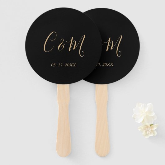 Elegant Gold Monogram Black Wedding Hand Fan Handwaaier (Voorkant en achterkant)