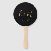 Elegant Gold Monogram Black Wedding Hand Fan Handwaaier (Voorkant)