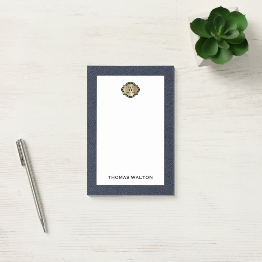 Elegant Gold Monogram Blue Leather Look Post-it® Notes (Kantoor)
