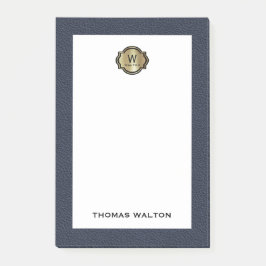 Elegant Gold Monogram Blue Leather Look Post-it® Notes