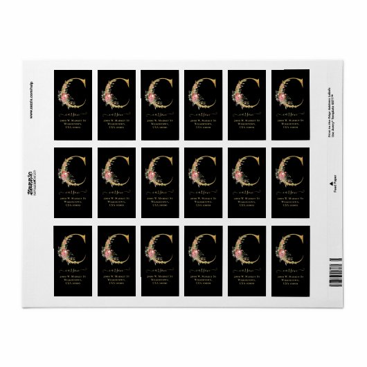 Elegant Gold Monogram C Floral Adres Etiket (Full Sheet)