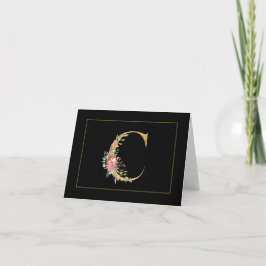 Elegant Gold Monogram C met roze bloemen Notitiekaartje