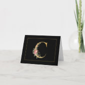 Elegant Gold Monogram C met roze bloemen Notitiekaartje (Voorkant)