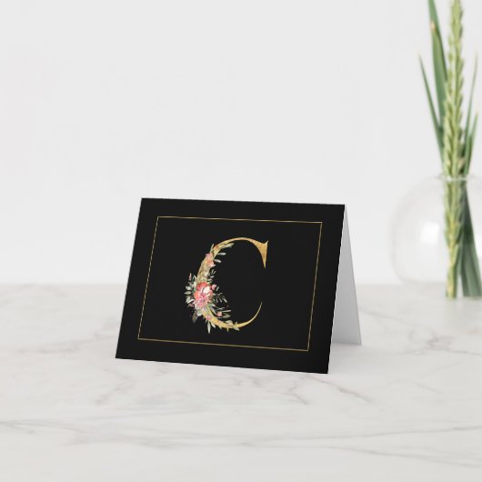 Elegant Gold Monogram C met roze bloemen Notitiekaartje (Voorkant)