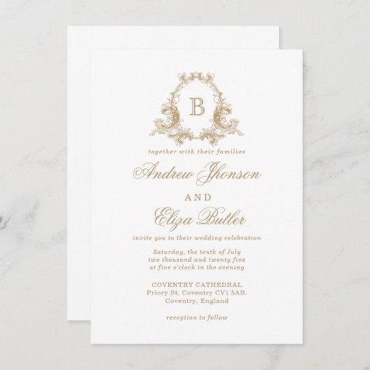 Elegant Gold Monogram Crest Wedding Uitnodiging (Voorkant / Achterkant)