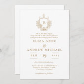 Elegant Gold Monogram Crest Wedding Uitnodiging (Voorkant / Achterkant)