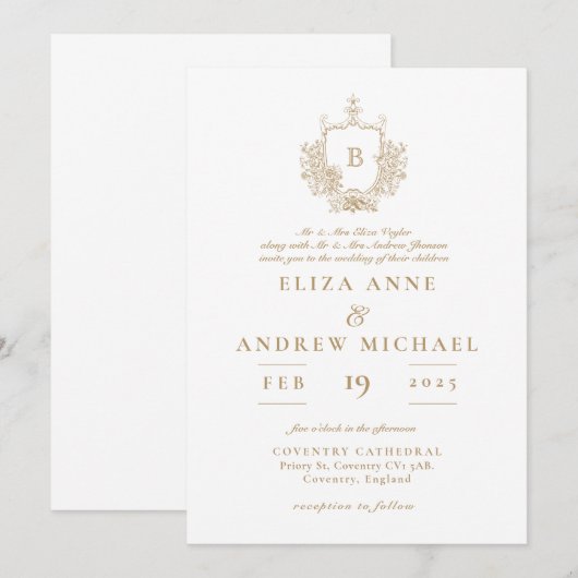 Elegant Gold Monogram Crest Wedding Uitnodiging (Voorkant / Achterkant)