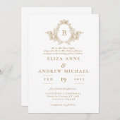 Elegant Gold Monogram Crest Wedding Uitnodiging (Voorkant / Achterkant)