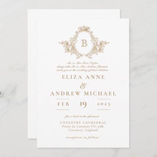 Elegant Gold Monogram Crest Wedding Uitnodiging (Voorkant / Achterkant)