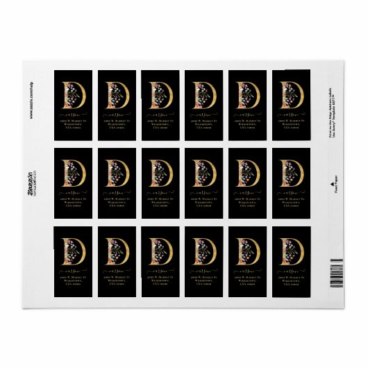 Elegant Gold Monogram D Floral Address Label (Full Sheet)