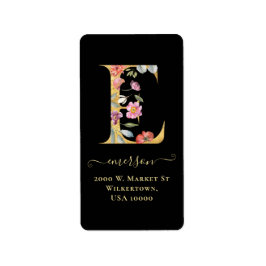 Elegant Gold Monogram E Floral Adres Etiket