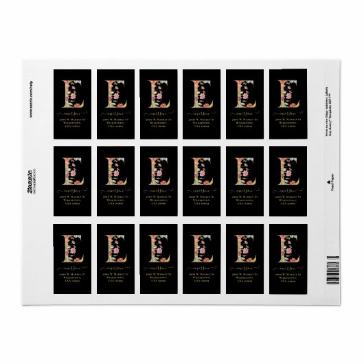 Elegant Gold Monogram E Floral Adres Etiket (Full Sheet)