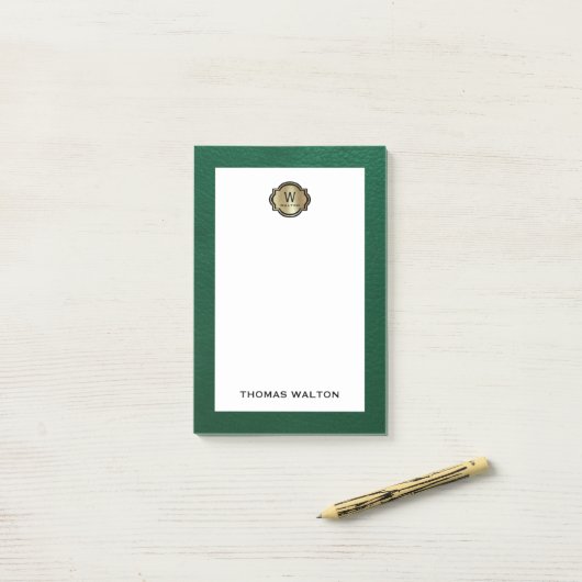 Elegant Gold Monogram Emerald Green Leather Look Post-it® Notes (Op bureau)
