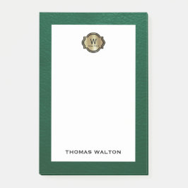 Elegant Gold Monogram Emerald Green Leather Look Post-it® Notes