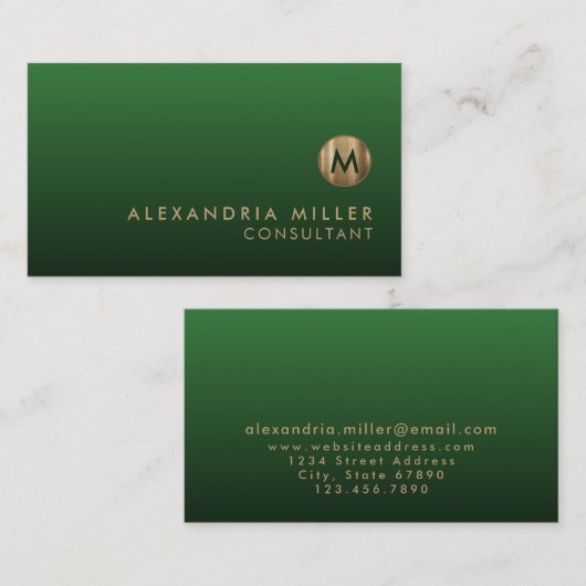 Elegant Gold Monogram Emerald Green Visitekaartje (Voorkant / Achterkant)