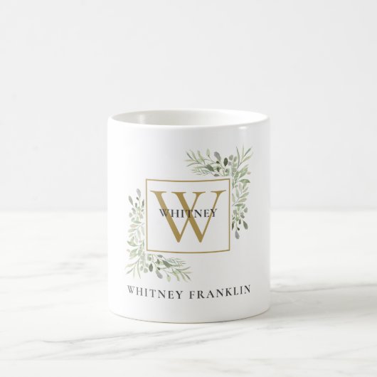 Elegant Gold Monogram Eucalyptus Greenery Koffiemok (Center)