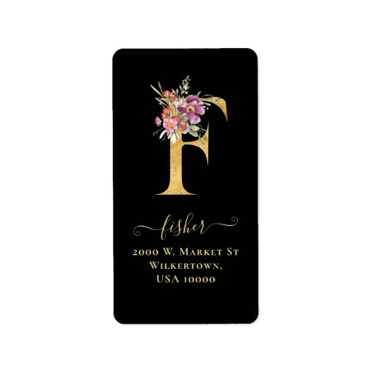 Elegant Gold Monogram F Floral Address Label (Voorkant)