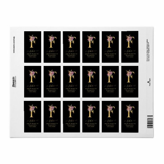 Elegant Gold Monogram F Floral Address Label (Full Sheet)
