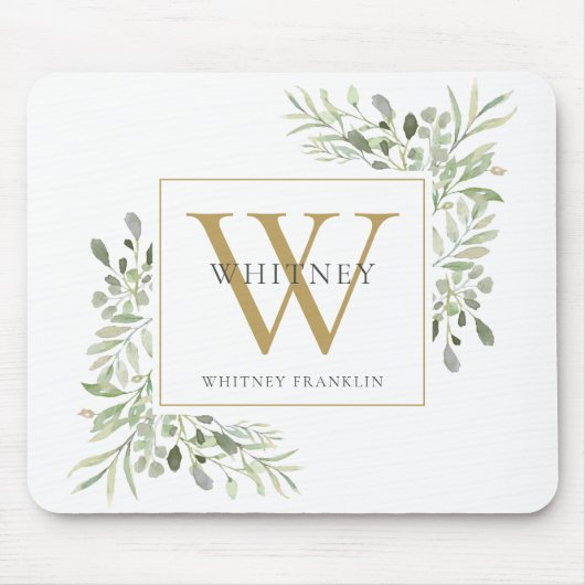 Elegant Gold Monogram Floral Greenery Muismat (Voorkant)