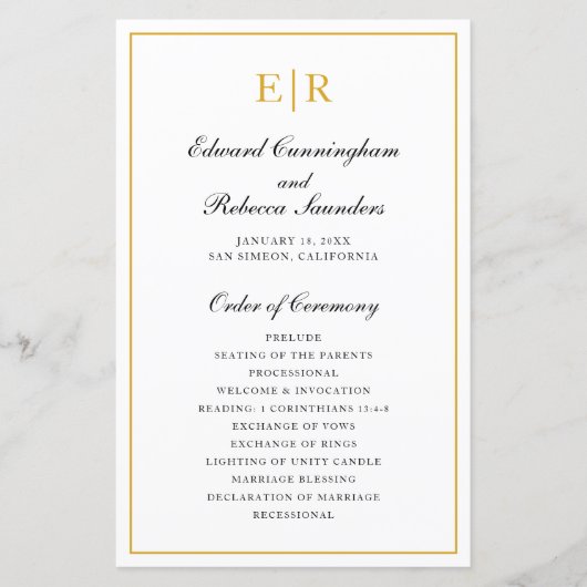 Elegant Gold Monogram Foral Wedding Program (Voorkant)