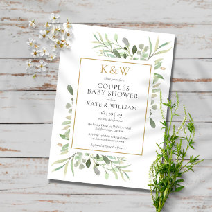 Elegant Gold Monogram Greenery Couples Baby shower Kaart