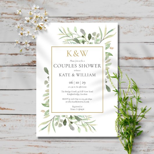 Elegant Gold Monogram Greenery Couples Shower Kaart