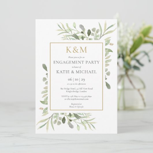 Elegant Gold Monogram Greenery Engagement Party Kaart (Staand voorkant)