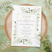 Elegant Gold Monogram Greenery Engagement Party Kaart