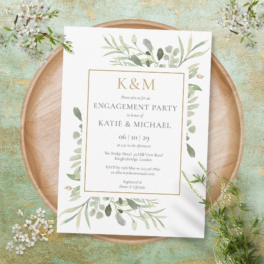 Elegant Gold Monogram Greenery Engagement Party Kaart