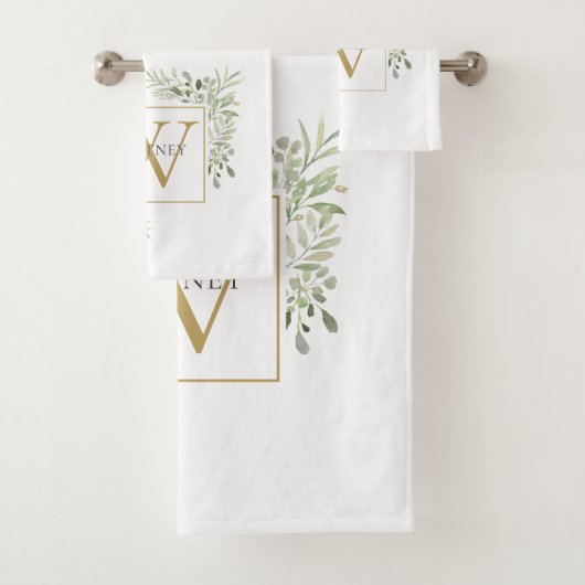 Elegant Gold Monogram Greenery Floral Bad Handdoek (Insitu)
