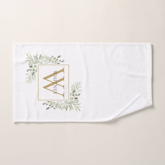 Elegant Gold Monogram Greenery Floral Bad Handdoek (Handdoek)
