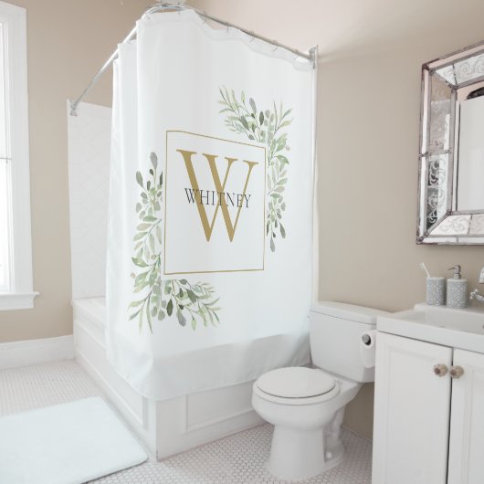 Elegant Gold Monogram Greenery Foliage Shower Curt Douchegordijn (In situ)