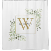 Elegant Gold Monogram Greenery Foliage Shower Curt Douchegordijn (Voorkant)