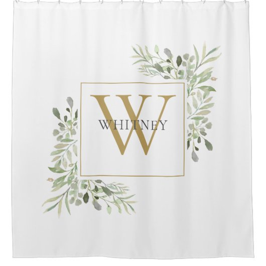 Elegant Gold Monogram Greenery Foliage Shower Curt Douchegordijn (Voorkant)