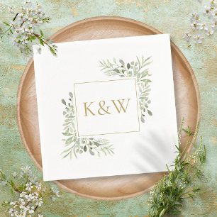 Elegant Gold Monogram Greenery Foliage Wedding Servet