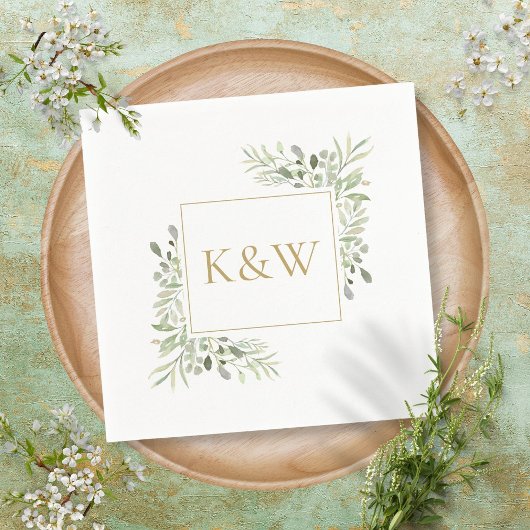 Elegant Gold Monogram Greenery Foliage Wedding Servet