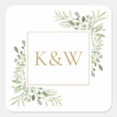 Elegant Gold Monogram Greenery Foliage Wedding Vierkante Sticker (Voorkant)