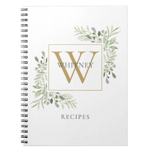 Elegant Gold Monogram Greenery Recipe Cookbook Notitieboek (Voorkant)