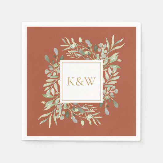 Elegant Gold Monogram Greenery Terracotta Servet (Voorkant)