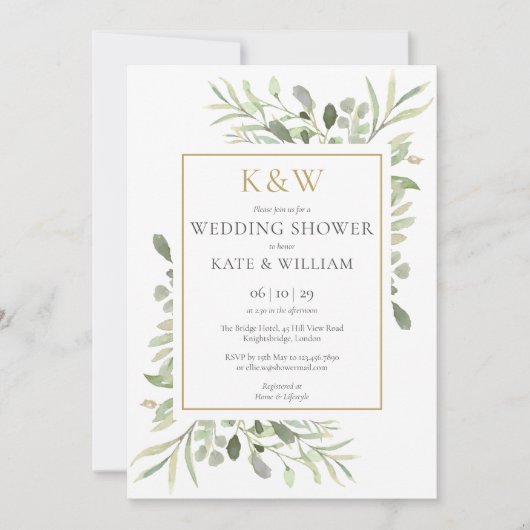 Elegant Gold Monogram Greenery Wedding Shower Kaart (Voorkant)