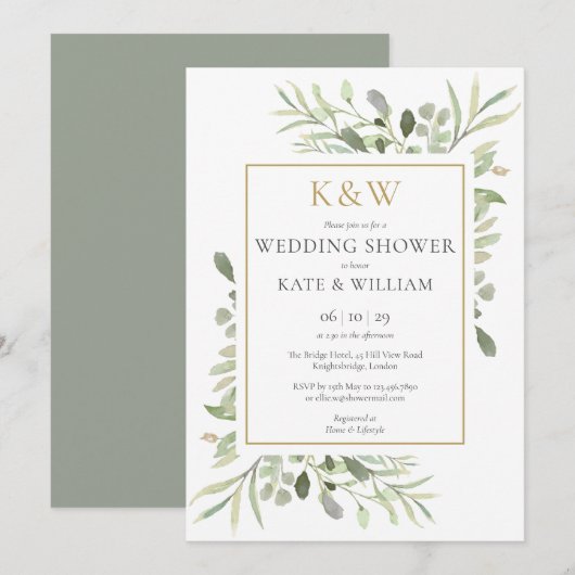 Elegant Gold Monogram Greenery Wedding Shower Kaart (Voorkant / Achterkant)
