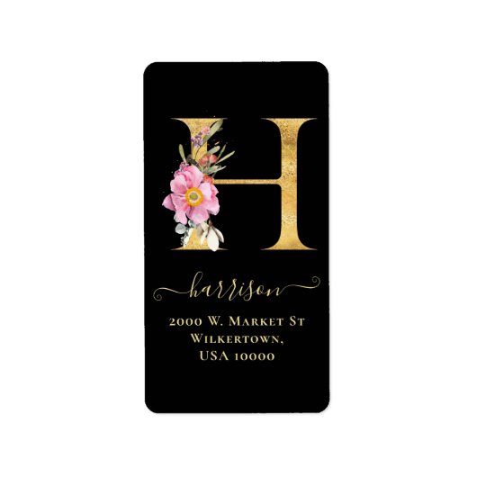 Elegant Gold Monogram H Floral Adres Etiket (Voorkant)